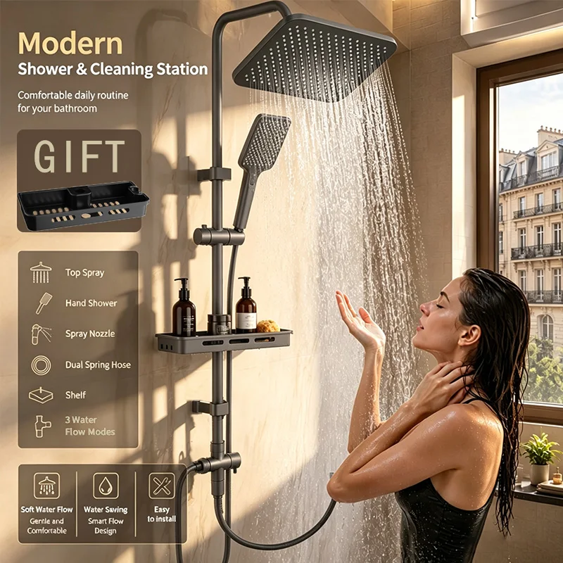 Sistema de Ducha Cuadrado con Ducha de Mano, 3 Modos de Agua, Montaje en Pared, con Estante, Grifo Mezclador para Baño, para el Hogar