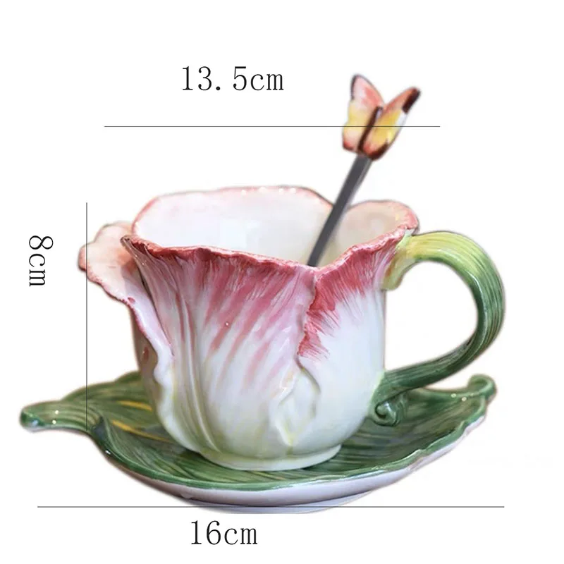 Pink Ceramic Coffee Cup Butterfly Fine Flower Shape Mug with Butterfly Spoon Afternoon Tea Flower Tea Coffee Cup Dessert Tray