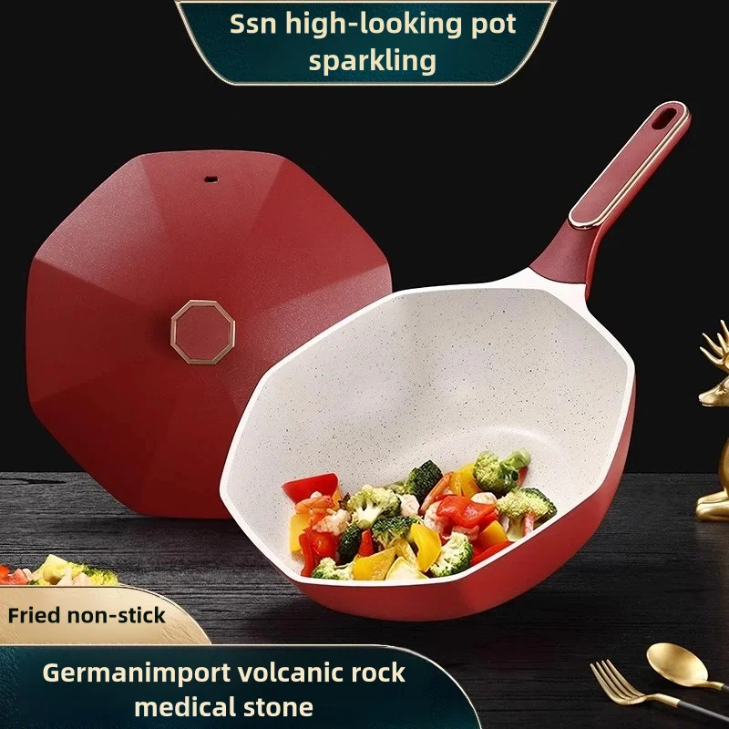 Imported Volcanic Rock Maifan Stone Non-stick Wok, Octagonal Deep Frying Pan, Flat Bottom, Suitable for Induction Cookers