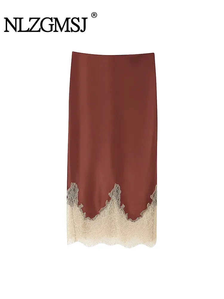 

NLZGMSJ 2026 Spring Autumn Women Lace Midi Skirt Elegant Long Skirts Fashion Satin Lady Evening Party Skirts ﻿Mujer