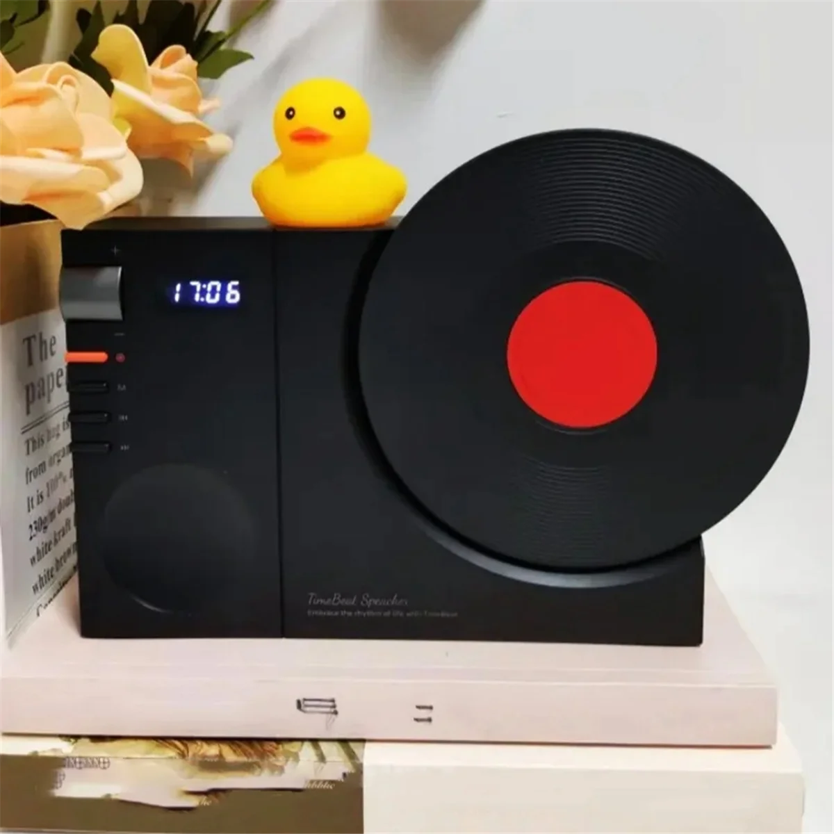 Vinyl Bluetooth Speaker Retro High-Quality Mini Audio Portable Clock Speaker Support TF Card /AUX,White