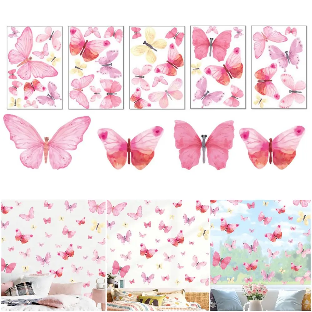 5 Sheets/Set Pink Watercolor Butterflies Wall Stickers PVC 40pcs Wall Art Sticker DIY Accessories Watercolor Design