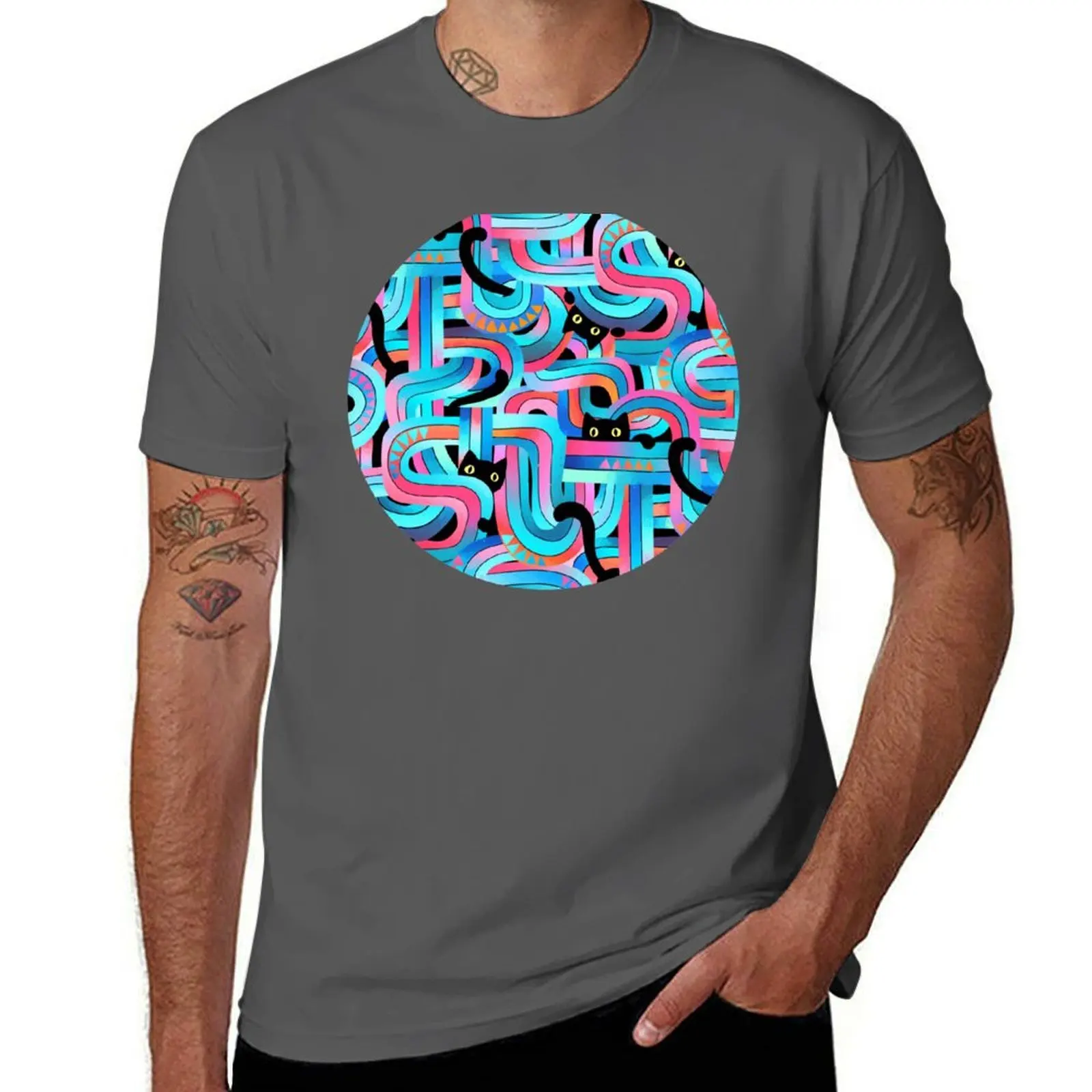 

and Geo in Blue Pink Maze Cats T-Shirt Simple Line Art Print Tee