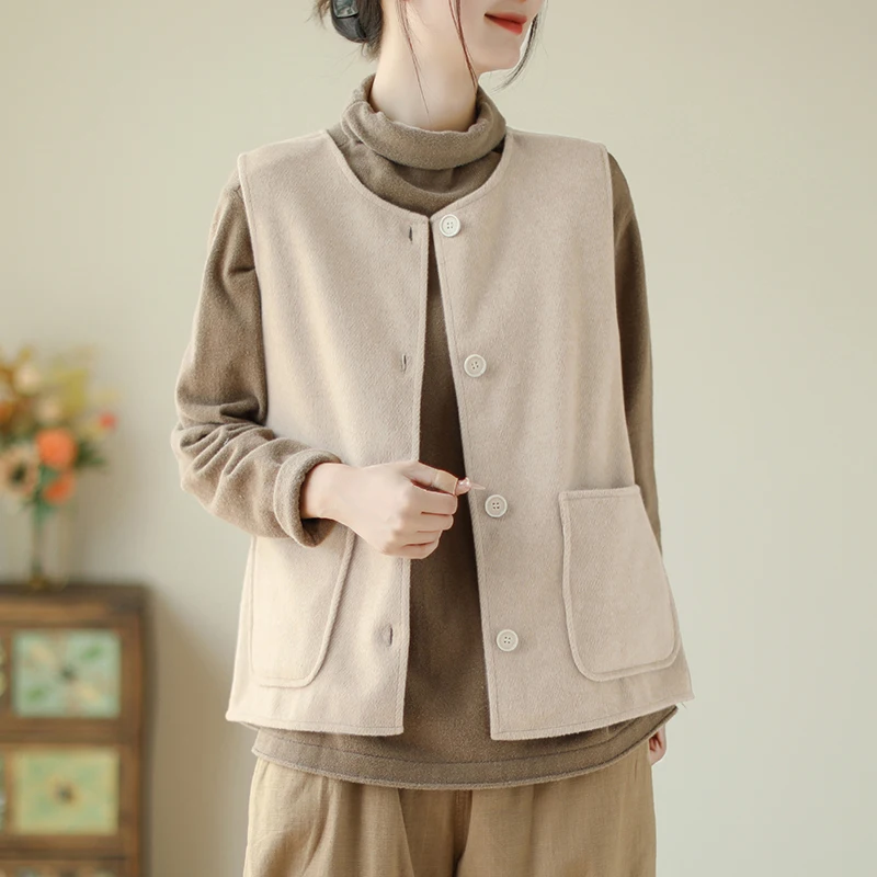 Mao Ni Woolen Vest Women's Fashion Outerwear Short Loose Pure Color Suit Jacket Autumn New Style Single Button Polyester Fiber