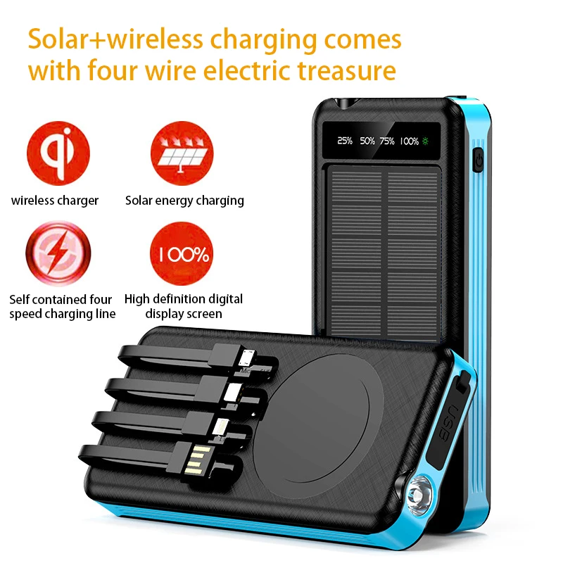 For Mobile Phone Laptop Solar Power Bank,With LED Light With Wireless Charging 2USB Ports Built Cables 30000mAh Solar Power Bank