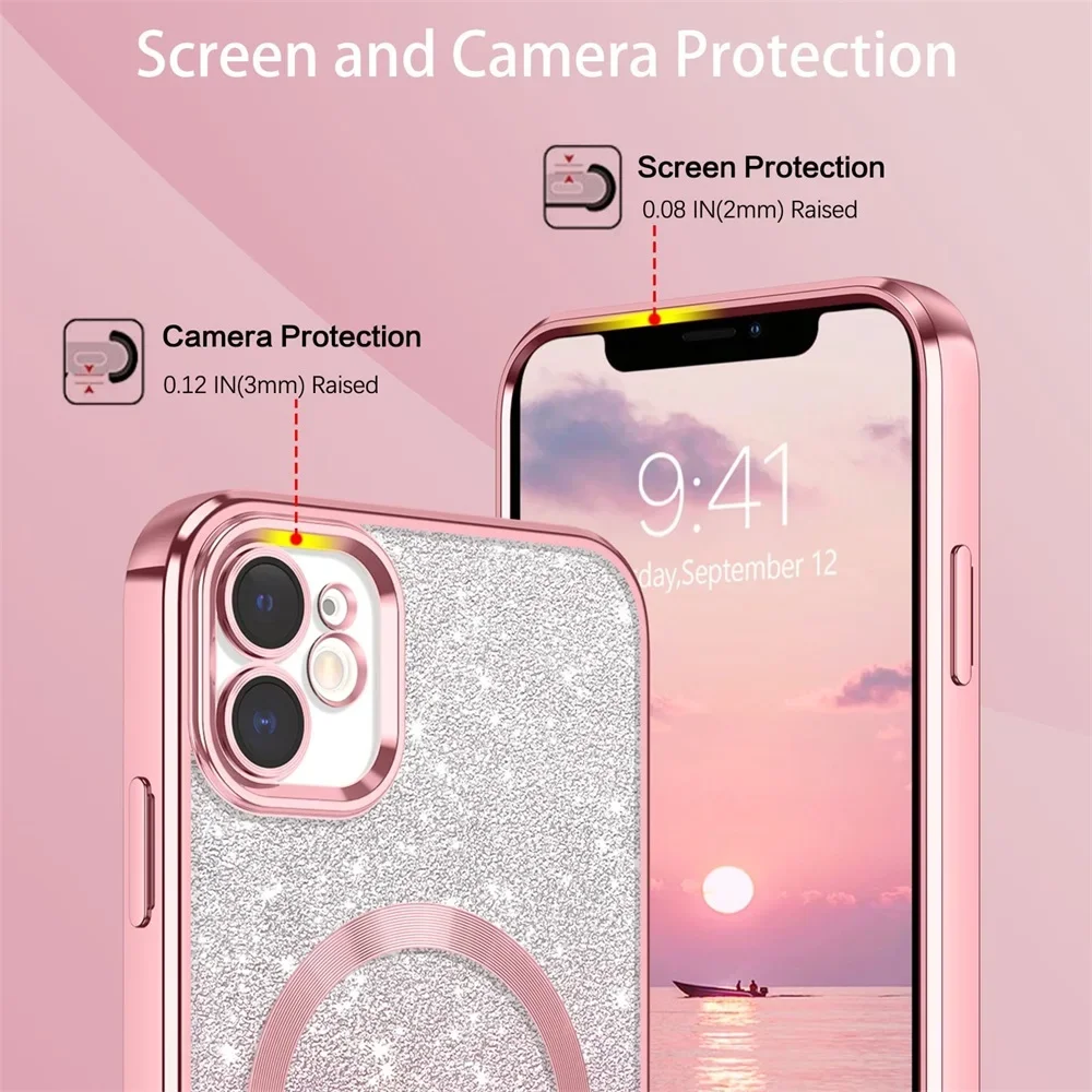 Luxury Shiny Case For iPhone 16 15 14 13 12 11 ProMax Plus Shockproof Soft Bumper Magsafe Stylish Magnetic Wireless Charge Cover
