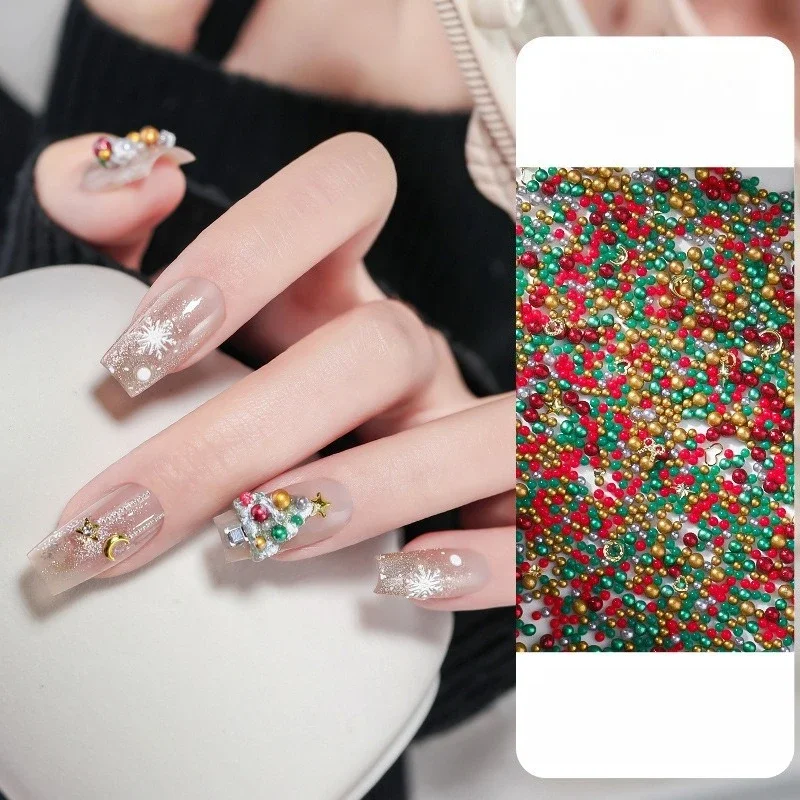 1Set 5g Christmas Nail Art Kit, Mixed Color Beads Bow Metal Slices, Handmade Wearable False Nail DIY Material Accessories