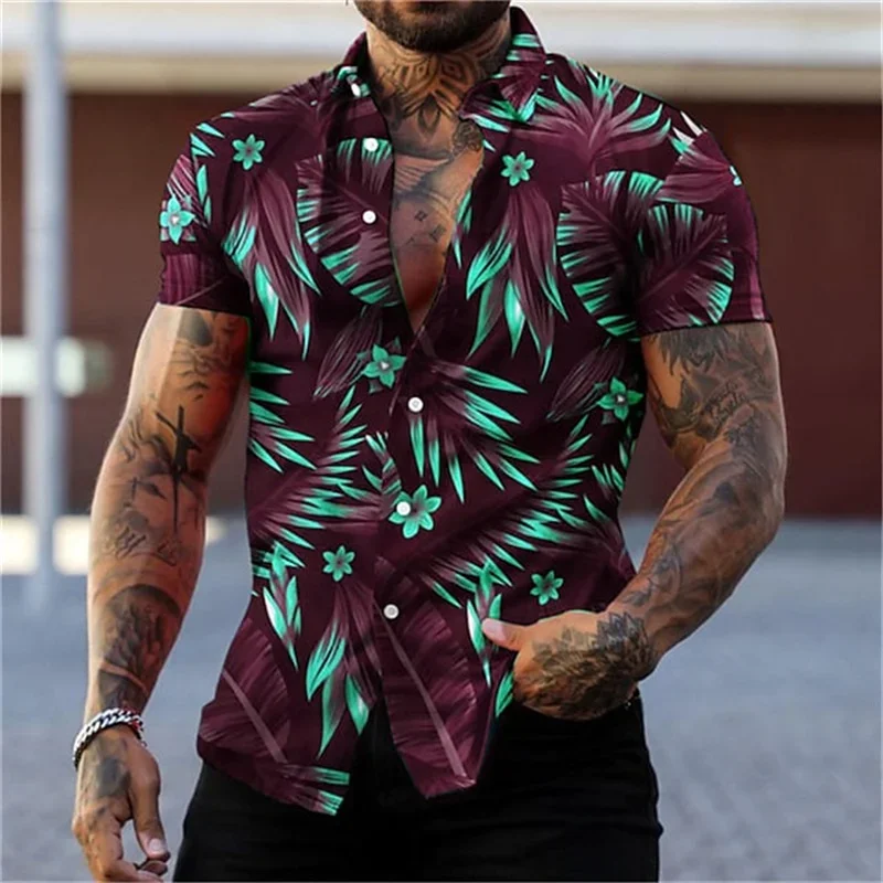 Men's black and gold floral shirt, summer plant print collar shirt, Hawaiian style beach shirt, button up short sleeved shirt