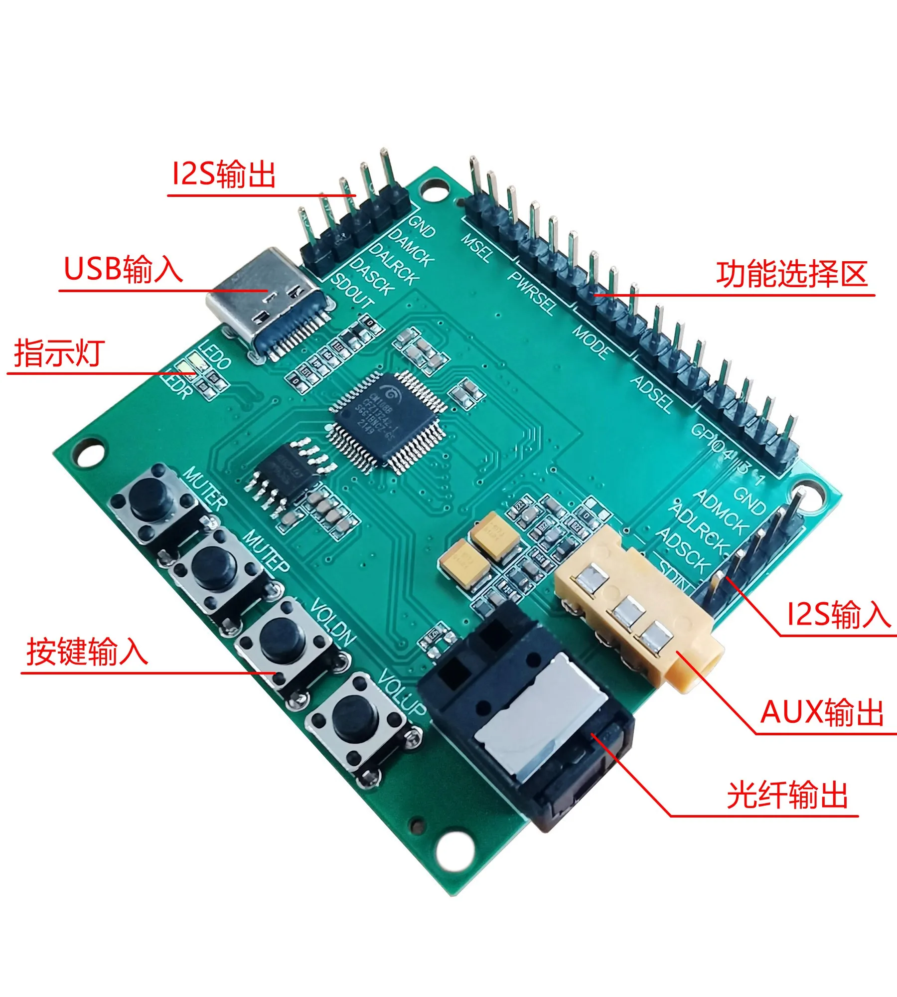 CM108B Sound Card Development Demonstration Board USB Typec to I2S Optical Fiber SPDIF Digital Audio Output Demo