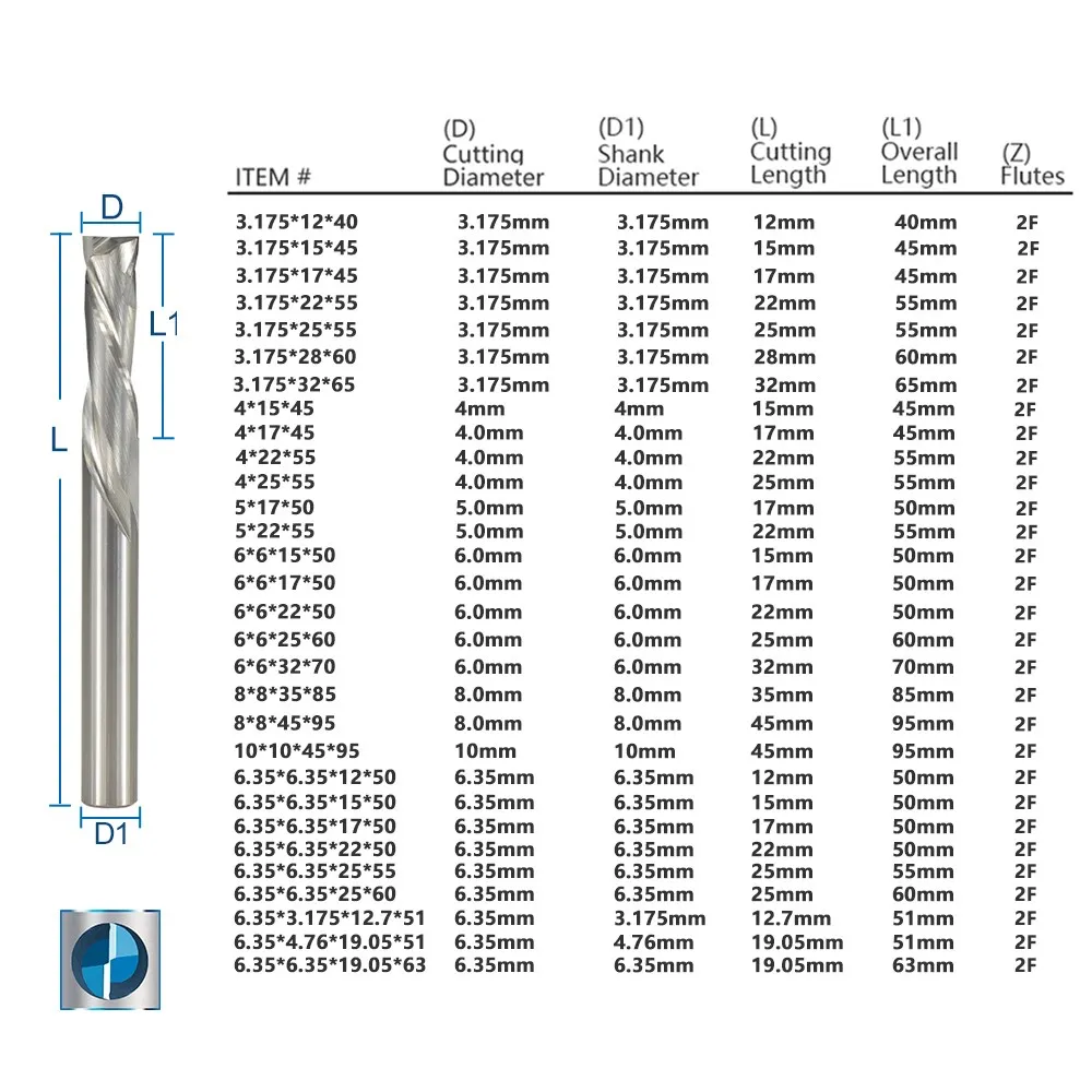 Compression Milling Cutter 2 Flute Up Down Cut End Mill 3.175/4/6/8/10mm Shank CNC Router Bits Carbide Milling Tools