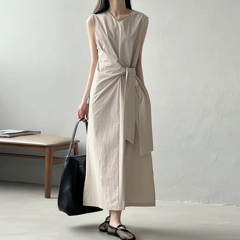 Johnature Casual Waist-cinching Strappy Sleeveless Korean Dress 2024 Summer New Design Tea Break French A-line Women Dresses