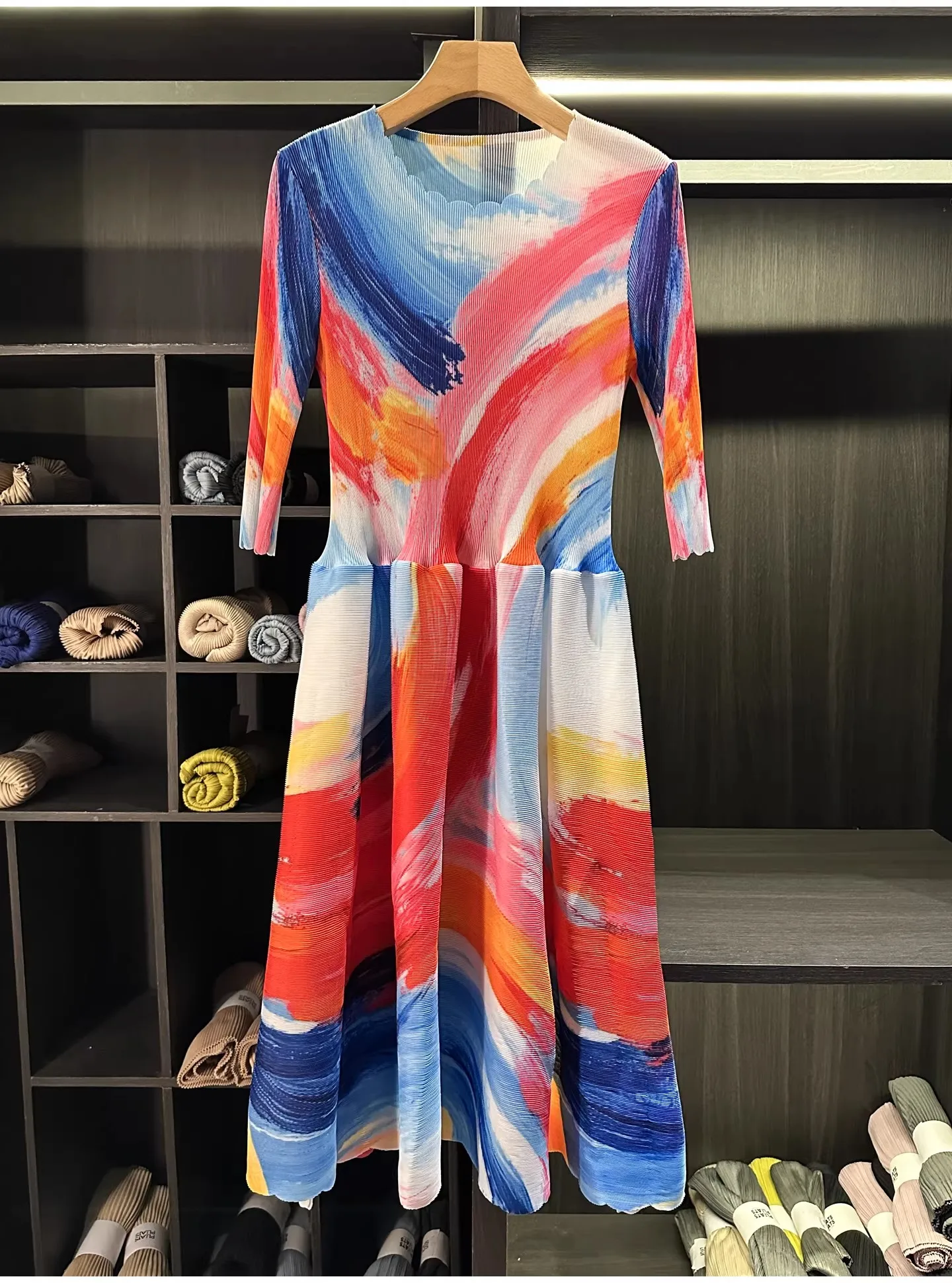 

Miyake Pleated Print Dress For Women Medium Long O-Neck High Strech Loose Pullover A Line Dresses Female Spring New 2026