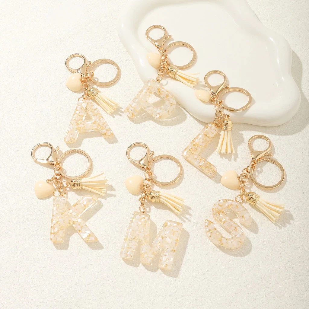 Moda branco coração borla carta pingente resina chaveiro saco feminino mochila encantos chaveiros chave carro trinket accessorie presente