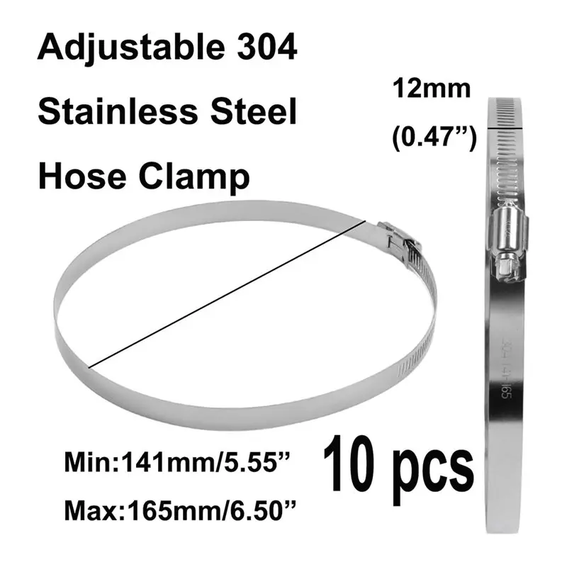 

【RECOMMEND】6 Inch 10 Pack Hose Clamp,(141-165Mm), 304 Stainless Steel Worm Gear Duct Clamps-Adjustable Duct Pipe Air Clamps