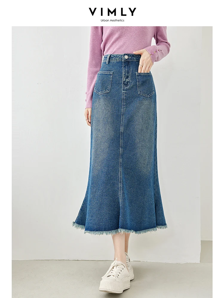 

Vimly High Waist Denim Long Skirt for Women 2023 Fall Fashion Tassel Hem Blue Cotton Jeans Midi Skirt Female Clothing 72098