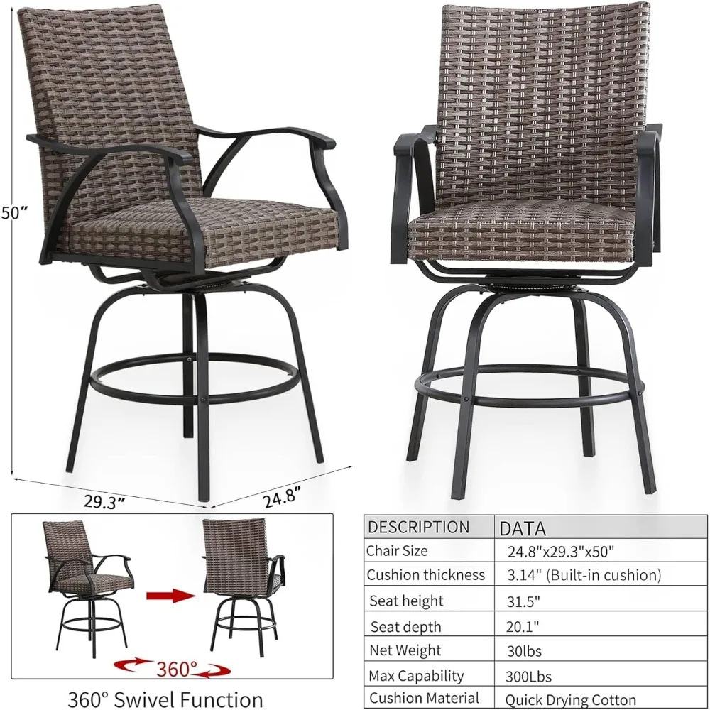 하이백 야외 회전 바 높이 스툴 위커 의자, 내장 쿠션 금속 프레임 포함, 2 개 세트