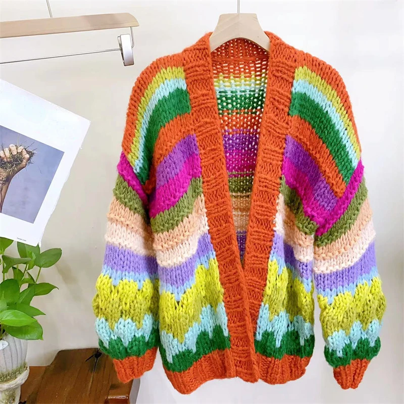 Women Colorful Rainbow Chunky Knit Mohair Sweater Handmade Bulky Cardigan Warm 2023 Autumn Winter New In