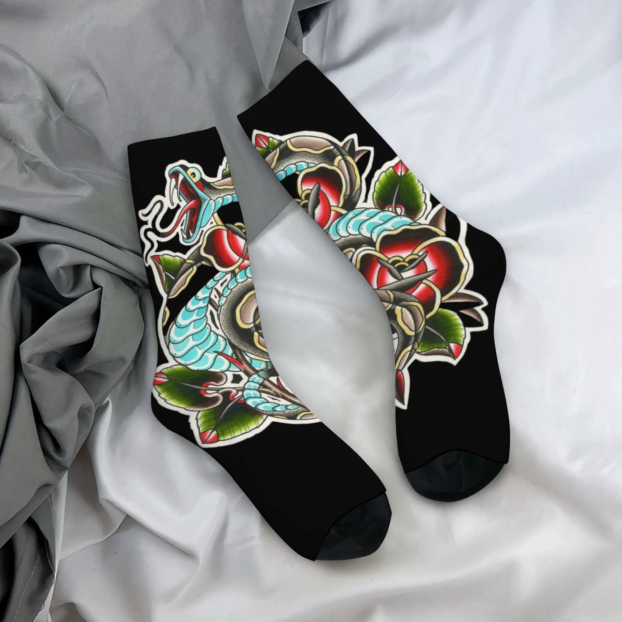 

American Traditional Tattoo Snake and Rose Print Mid-calf Socks Punk Street Retro Casual Comfortable Soft Breathable Socks