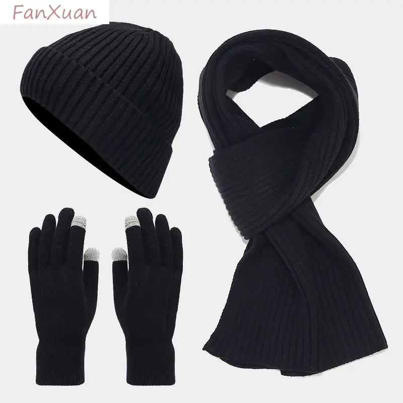 Men women Winter Set 3pcs Beanie Hat Scarf Gloves Solid Color Fleece-Lined Winter Cap Long Scarf Gloves Set for Men solid color