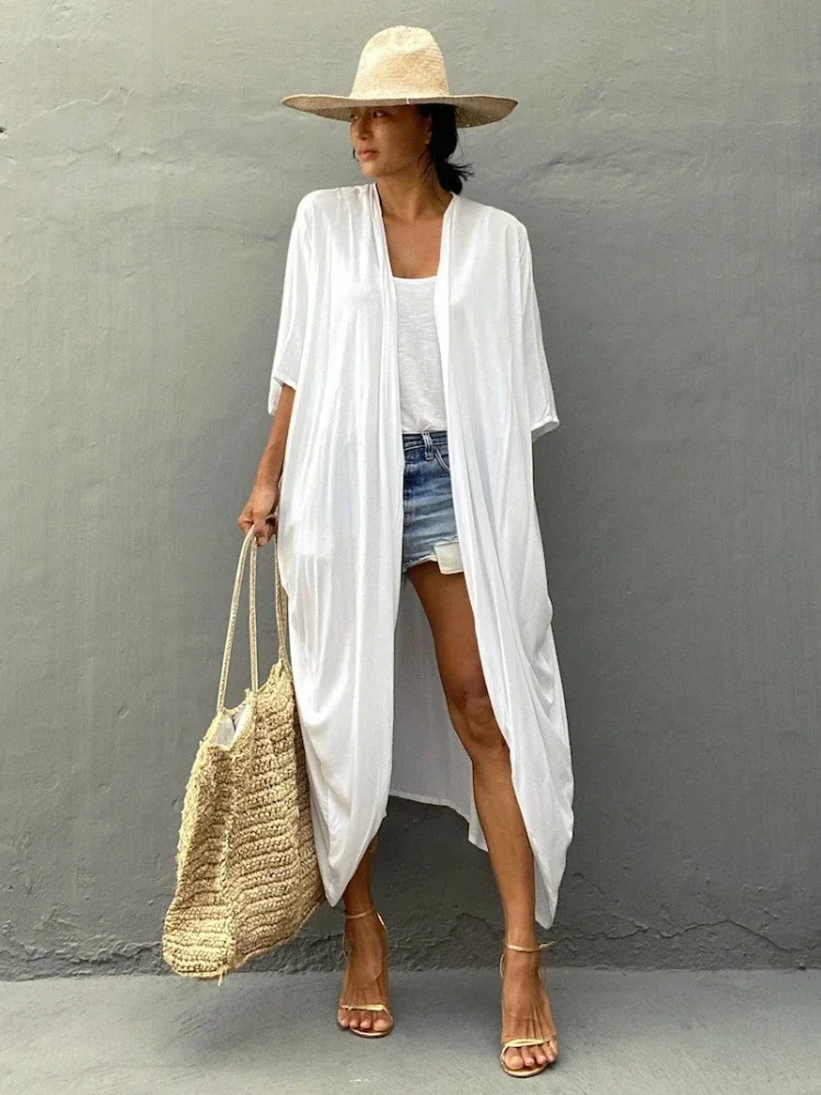 2023 Summer Beach Cover Up Kimono Women Summer New Pareo Swimsuit Cape Solid Bohemian Tunic Dresses Bathing Suits