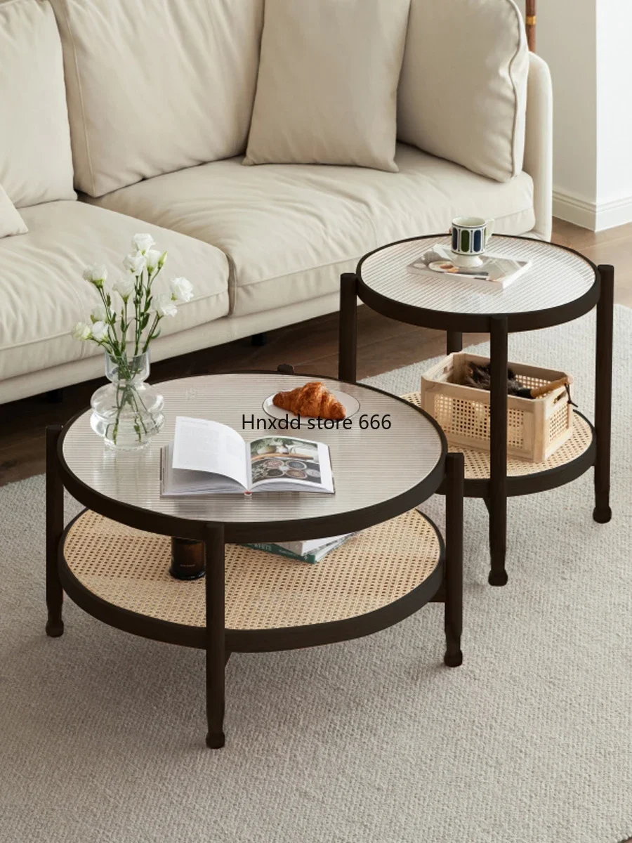 Solid wood rattan coffee table Changhong glass double round