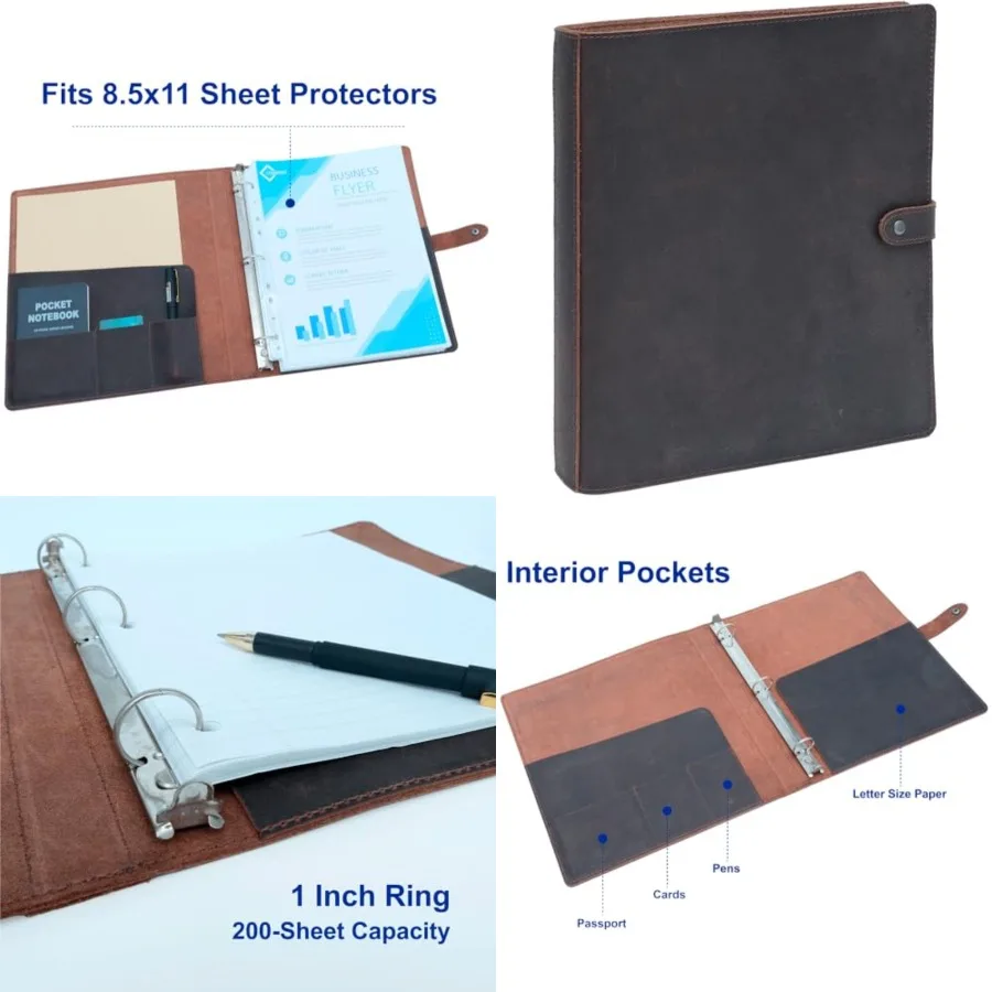 

Leather 3 Ring Binder, 1" Round Rings for 8.5"x11" Paper and Sheet Protectors, Interior Pockets and Snap Closure, Letter Size,