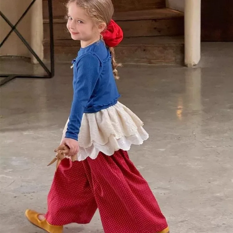 

Girls' Spring and Autumn Set 2025 New Fashionable Children's Blue Long Sleeve T-shirt+Wide Leg Pants+Short Skirt 3PCS