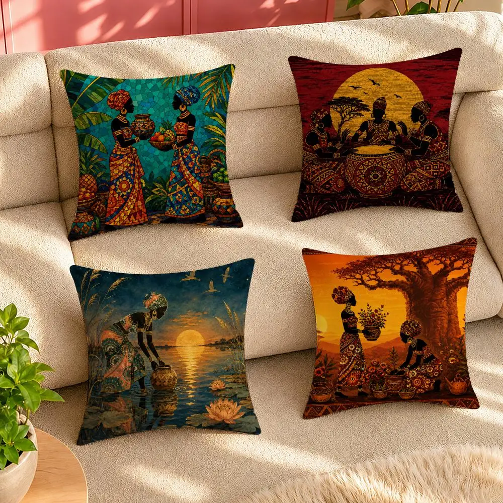 African Folk Wall Art Cushion Cover Case Anti-dustmite Pillowcase Invisible zipper silky short plush Sofa cushion cover