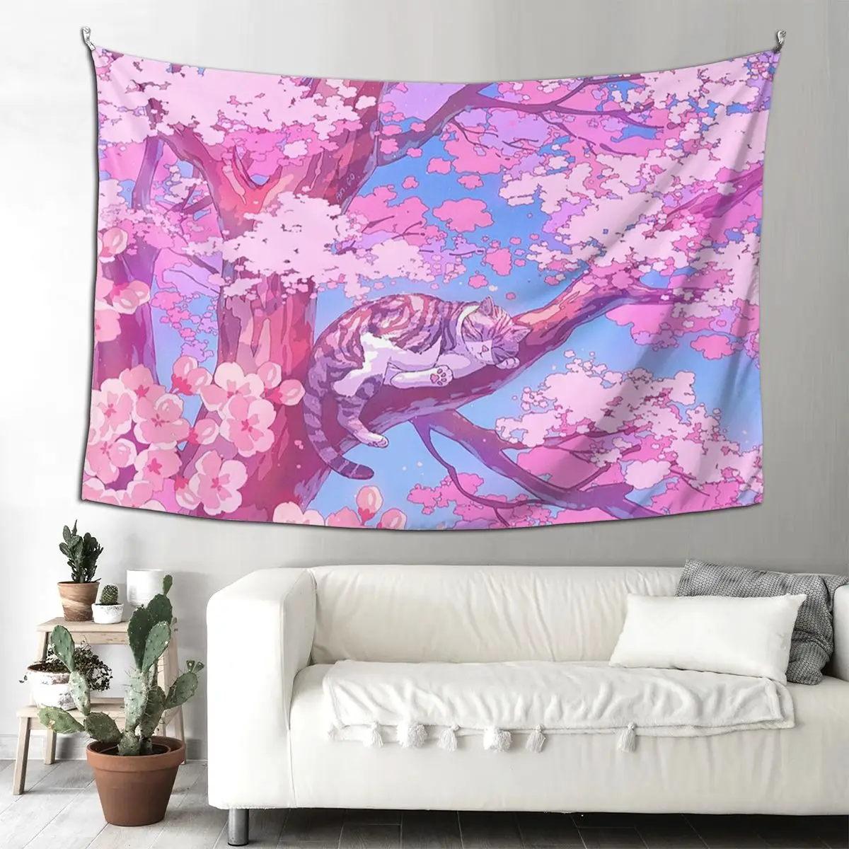 

Милый спящий кот в дереве вишни, гобелен, забавный настенный гобелен, эстетическое украшение для дома, гобелены, спальня, общежитие, комната