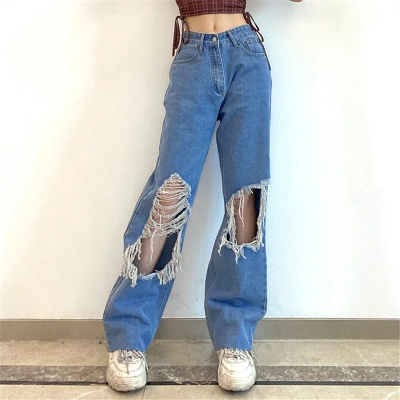 

High Waist Ripped Jeans Women 2022 Summer Blue Straight Cotton Ripped Street Wear Denim Trousers Women Draped Wide Leg Pants