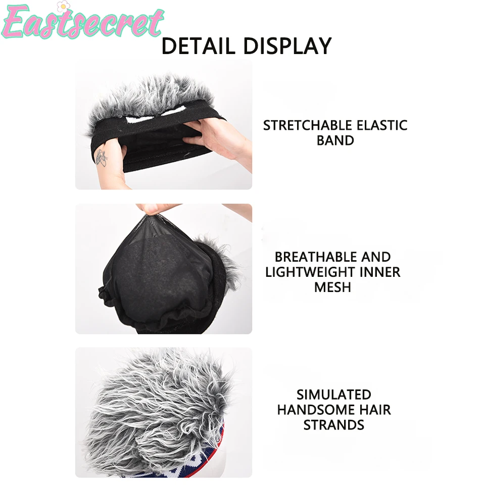 EAST Unisex Wig Visor Hat Men Women Short Hair Cap Adjustable Wig Baseball Hat Outdoor Sunhat Gift Black