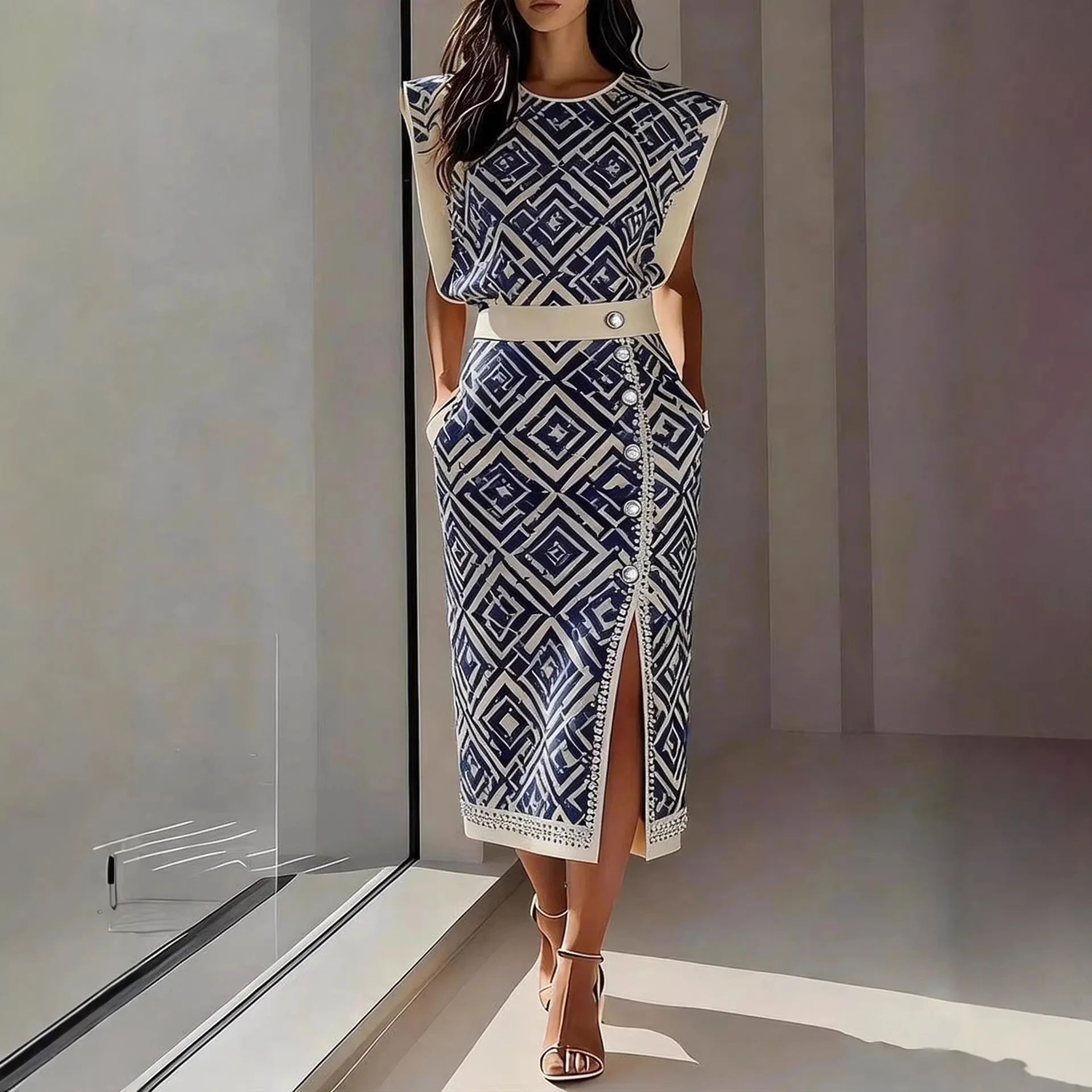 Elegante Conjunto de Dos Piezas con Falda Larga para Mujer, Estampado, Sin Mangas, Cuello Redondo, Chaleco y Falda Ajustada, Traje de Falda de Moda 2026, Novedad