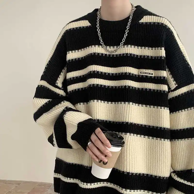 Men's Y2K Thick Knit Knitwear Striped Sweater Pullovers Couple Cold Blouse Tops Women Korean Winter Autumn Clothes Sweatshirts