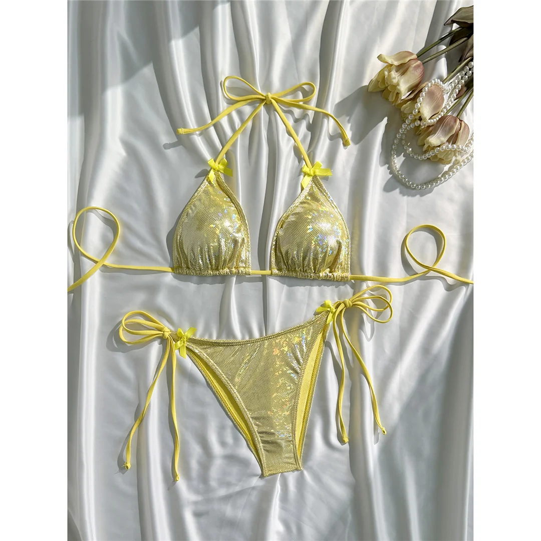 Glitzernder, funkelnder Neckholder-Bikini, Damen-Badebekleidung, zweiteiliger Bikini-Set, Badeanzug mit hohem Beinausschnitt, Badeanzug, Schwimmanzug V7269 – Detail 22
