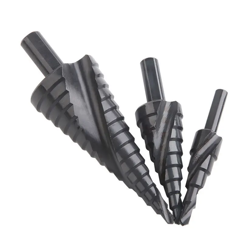 3 buah/Set 4-32mm Set mata bor Titanium HSS baja kecepatan tinggi Spiral beralur batang kayu/logam kerucut alat bor pemotong lubang