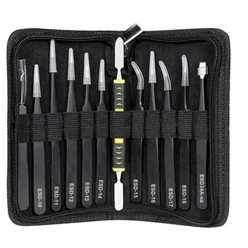 12Pcs/Set Precision Tweezers ESD Anti-static Stainless Steel Elbow Straight With Bag Repair Maintenance Tool Industrial Tweezers