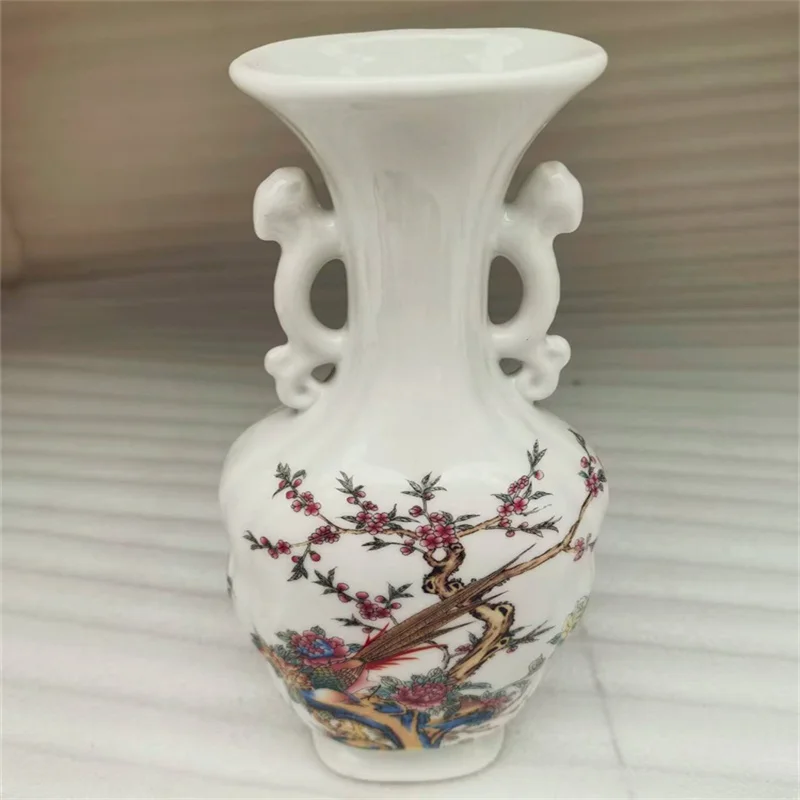 Chinese Old Porcelain Double Eared Vase with Pink Flower And Bird Pattern Traditional Decorative Piece for Home
