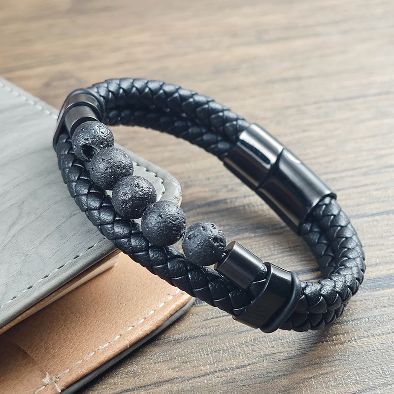 Herren Doppelt Geflochtenes Lederarmband Natürliche Lavastein-Perlen Magnetverschluss Vintage Punk Armband Männerschmuck Geschenk – Detail 5