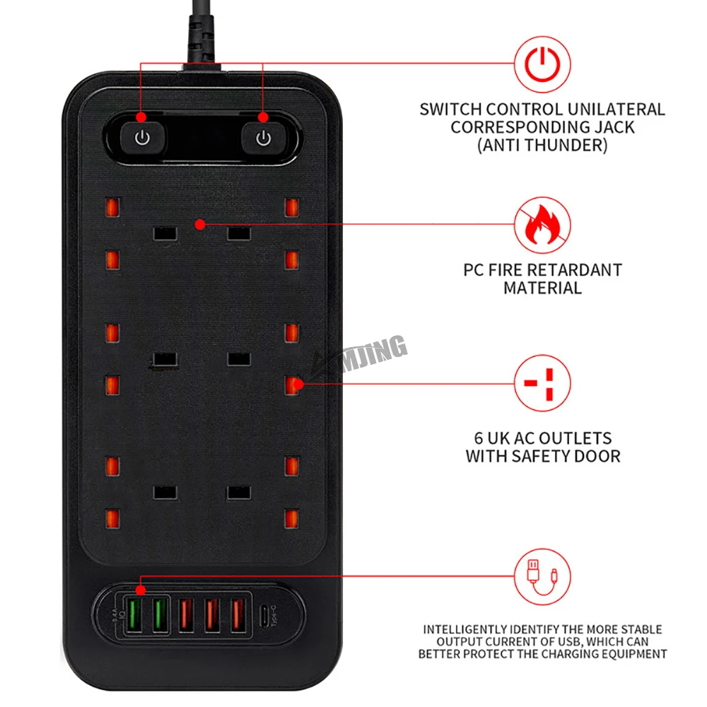 Power Strip UK Plug Extension Cord Power Strip With USB Ports TYPE-C 2M Wire 2 Switches Surge Protector Desktop Charger Socket