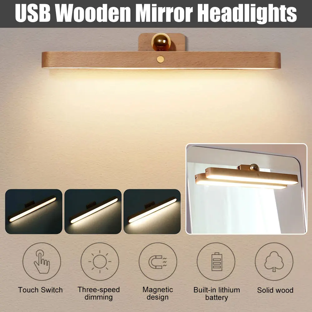 Imagem -02 - Madeira Cordless Led Night Light Usb Recarregável Espelho Magnético Fill Light Touch Wall Light