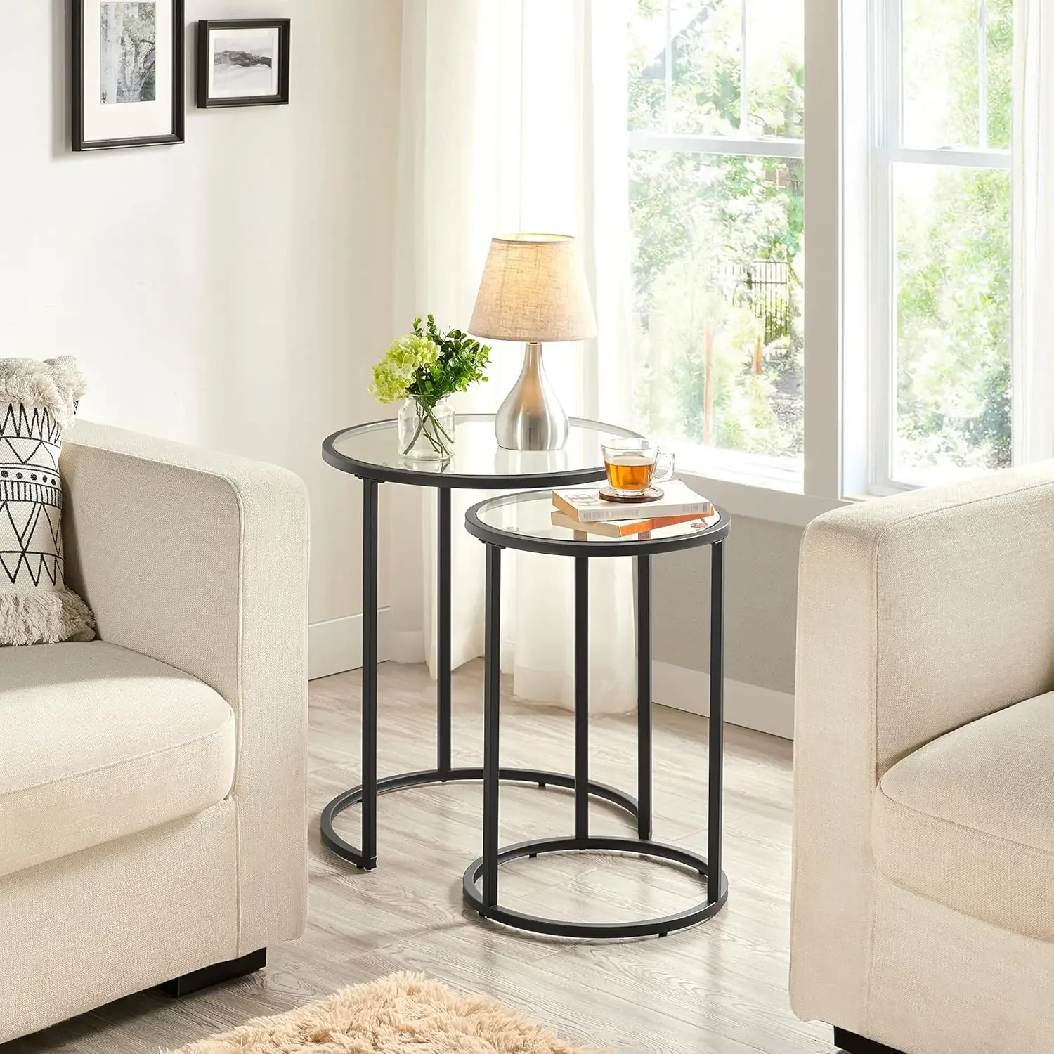 Round Nesting End Table Set of 2,Stacking Side Tables,Coffee Tables Set w/Metal Frame & Glass Top & Protective Foot Pads