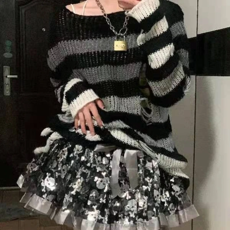 

Subculture Y2k Retro Long Sleeve Sweater Gothic Style Streetwear Striped Women Casual Pullover American Vintage Spring Autumn