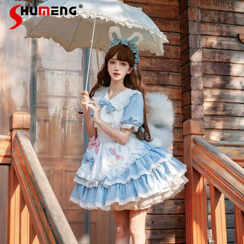 

Original Japanese Classic Maid Outfit OP Dresses Doll Collar Puff Sleeves Bow Lace-up Apron Kawaii Puffy Lolita Dress for Women