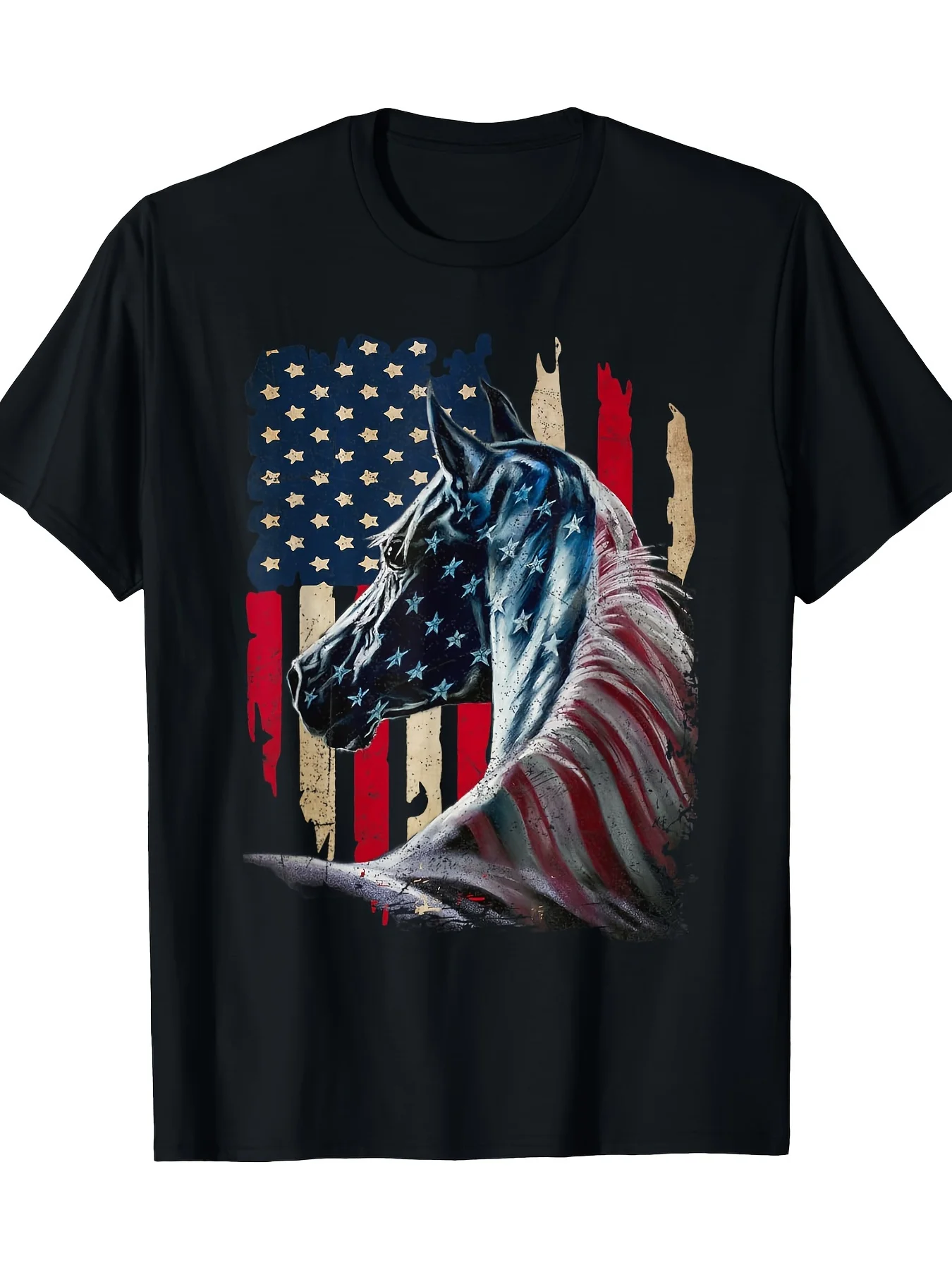 تي شيرت رجالي برسومات حصان العلم الأمريكي الوطني - 100% قطن، كم قصير، كاجوال