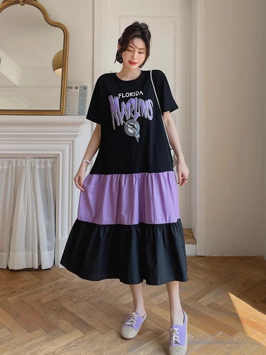 

Новая летняя женская свободная футболка больших размеров Long Dr Pear ape Body Long ort Sve Dr Street Sle, хлопок с низкой талией