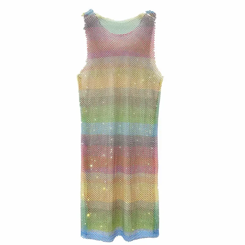 Sparkling Hot Diamonds Rainbow Crewneck Sleeveless Womens Dress Mesh Colored Diamond Sheer Dress for Women