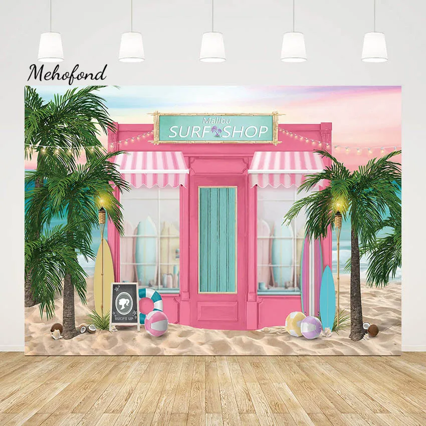 

Mehofond Summer Pink Beach Surf Shop Backdrop Kids Baby Birthday Photocall Portrait Photography Props Seaside Tree Background