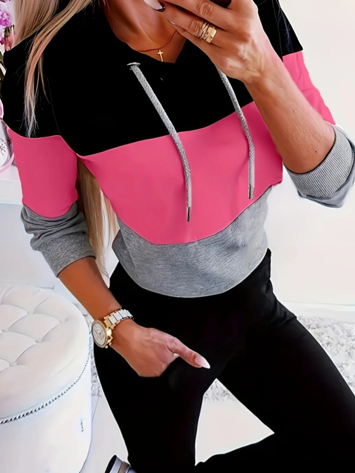 

Spring New Color Block Hooded Drawstring Long Sleeve Sweatshirt Pants Leisure Sports Morning Run Two Piece Set Women's Fashion