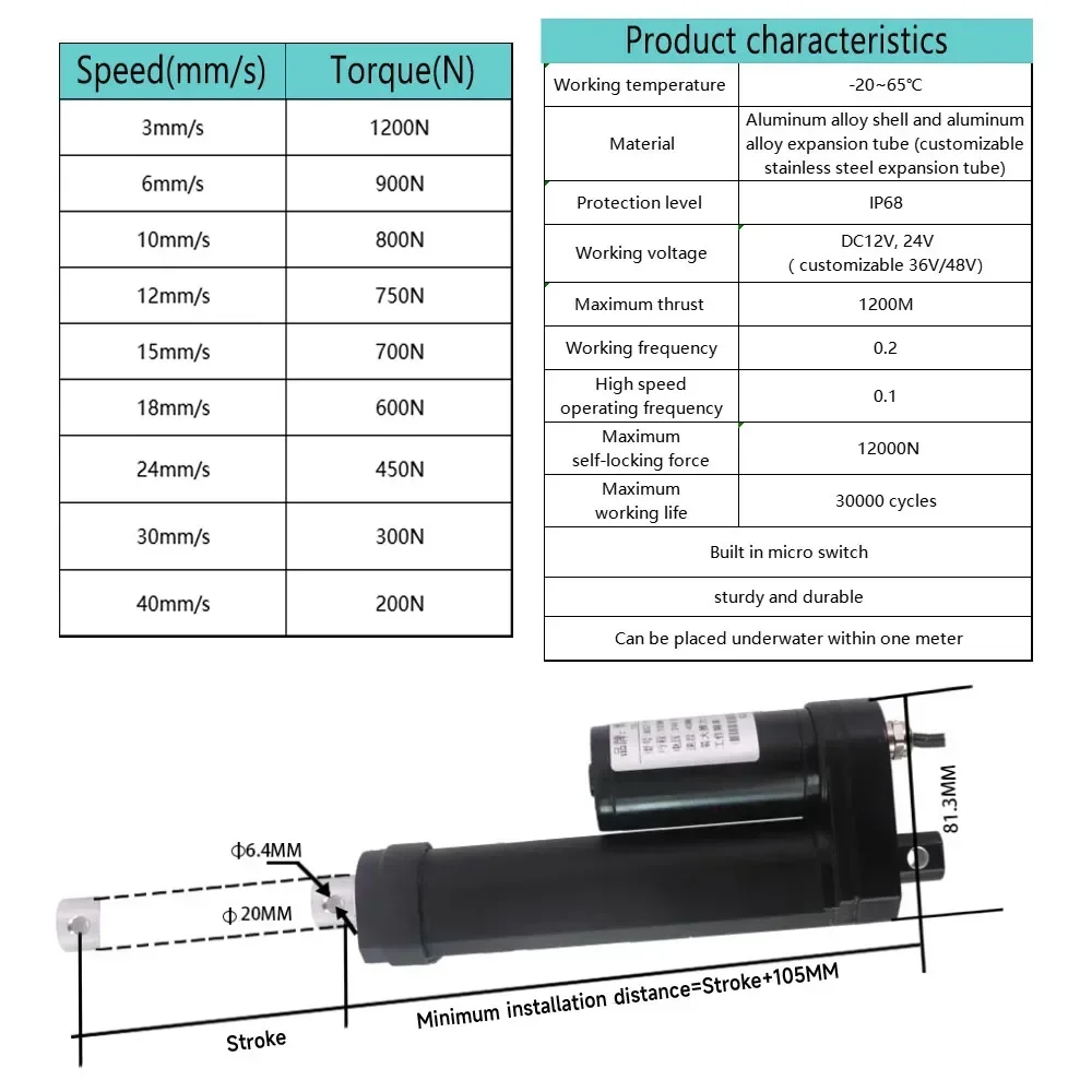 IP68 Waterproof Electric Push Rod High Thrust 1200N Linear Actuator Electric Cylinder Push Rod DC12-48V Reciprocating Motor