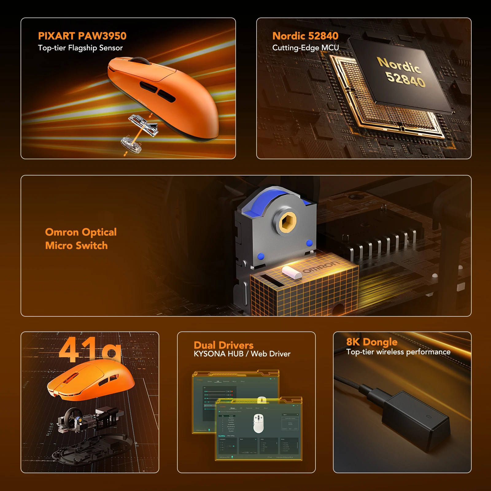 KYSONA Mercury Pro Wireless Mouse Gaming PAW3395 Sensor 41g Ultra-lightweight rechargeable  8KHz Polling 26000DPI Symmetrical